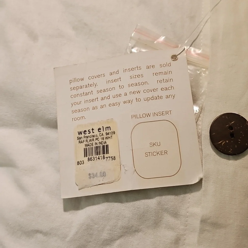 West Elm White w/Sequence & Embroidery 16x16 Pillow Cover Nwt